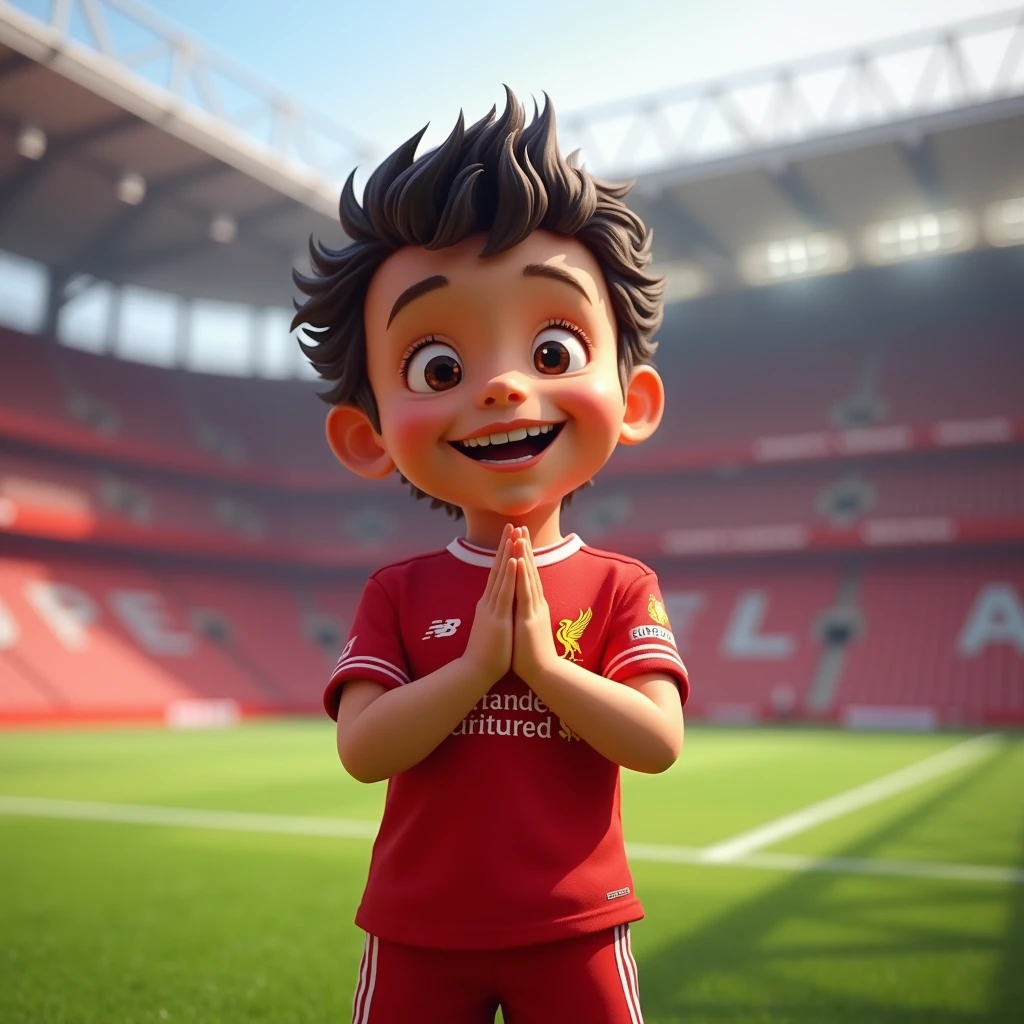 Cute ??? smiles in Disney style, bows like a Thai and wears a Liverpool shirt. Standing in cartoon style. High quality dynamic photo, detailed and colorful. Realistic and colorful poses. The background is Andfield Stadium.