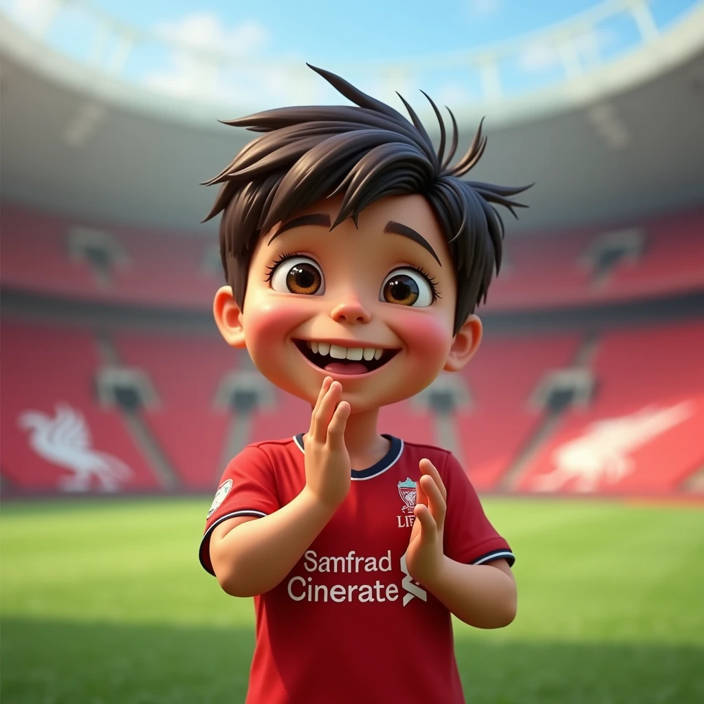 Cute ??? smiles in Disney style, bows like a Thai and wears a Liverpool shirt. Standing in cartoon style. High quality dynamic photo, detailed and colorful. Realistic and colorful poses. The background is Andfield Stadium.