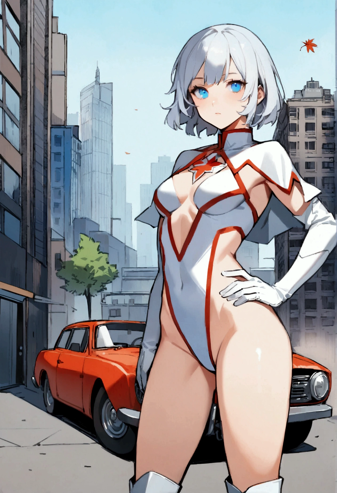 1 girl, belt, by rubio, green eyes, old, building, city, 1 girl, belt, by rubio, blue eyes, old, naked remnants, building, auto, city, cityscape, gloves, land vehicle, hand on hip, looking at the viewer, leotard, Classic motor vehicle, outdoor, short hair, sky, skyscraper, Alone, superhero, thighs, semaphore, white gloves, White boots, (white maple leaf (symbol) on the chest). backdrop, cowboy shot, Full body costume design. superhero