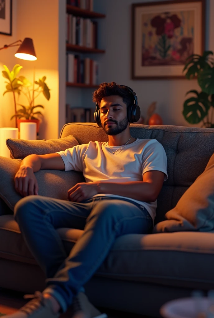 Alanzoka listening to music sitting on the sofa in the living room