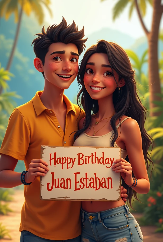 A young man with light brown skin and dark reddish brown eyes , a little muscular and short hair happy called Juan Esteban Gutiérrez Ortiz because in front of him is his friend Danna with dark skin, dark brown eyes and very long hair down to her tail (women) young man holding a sign that says "Happy birthday Juan Esteban ♡" that they look at each other's faces with joy and in the background there is a landscape that represents that joy and that they have a nice matching outfit , but they look younger and the boy is like flirtatious and with hair a little shorter And the young girl looks a little younger with a submissive face, Well, they are looking slightly at the camera here in front. , This image is perfect, I need the poster to be more colorful and happy and what it says "Happy birthday Juan Esteban" This one with degraded and very epic letter and that they look towards my first perspective, The young Juan boy is slightly muscular and with the hair on top a little shorter, They both look around 15 years old, Perfect, I need the young man's hair to be shorter on the top of the man's head. I need them to be a little younger, about ., but they are holding the epic poster , I need the young man's hair to be a little shorter on the top of his head please I need this professionally , that they look over here at the camera and that the girl has self-ligating braces I need the young girl to have I need them both to have bracelets on their hands , It's perfect but the young man needs to have a nose that is a little not so perfect and to look manly. I need him to have attractive features.