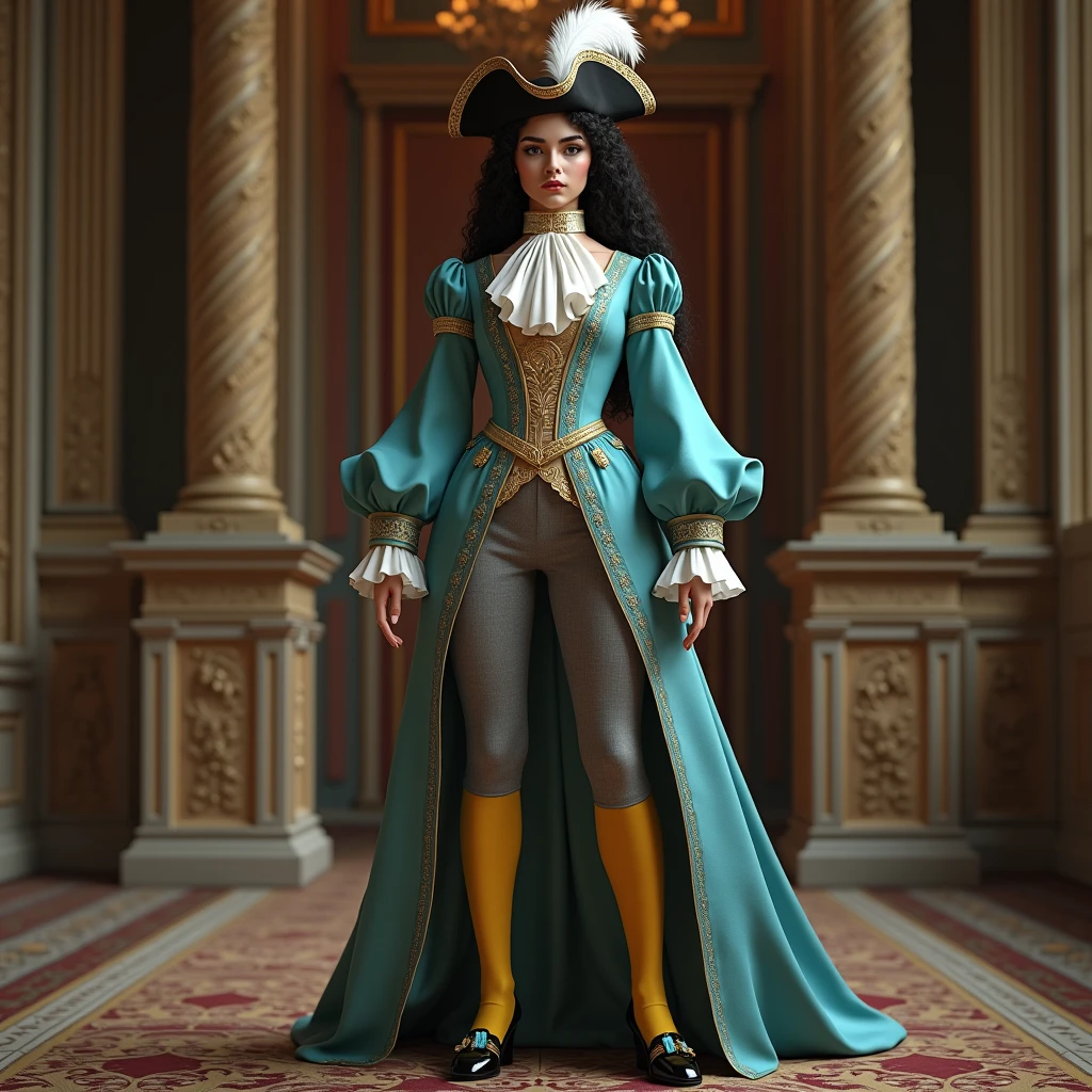 A 1.5 meters tall girl in her 20s wearing: wide grey knee-lenght breeches, yellow hoses, a wide cyan justacorps with wide sleeves and cuffs, a white jabot, buckled black shoes with wedges and a ribbon on top, a black curly wig and a tricorn with a white feather