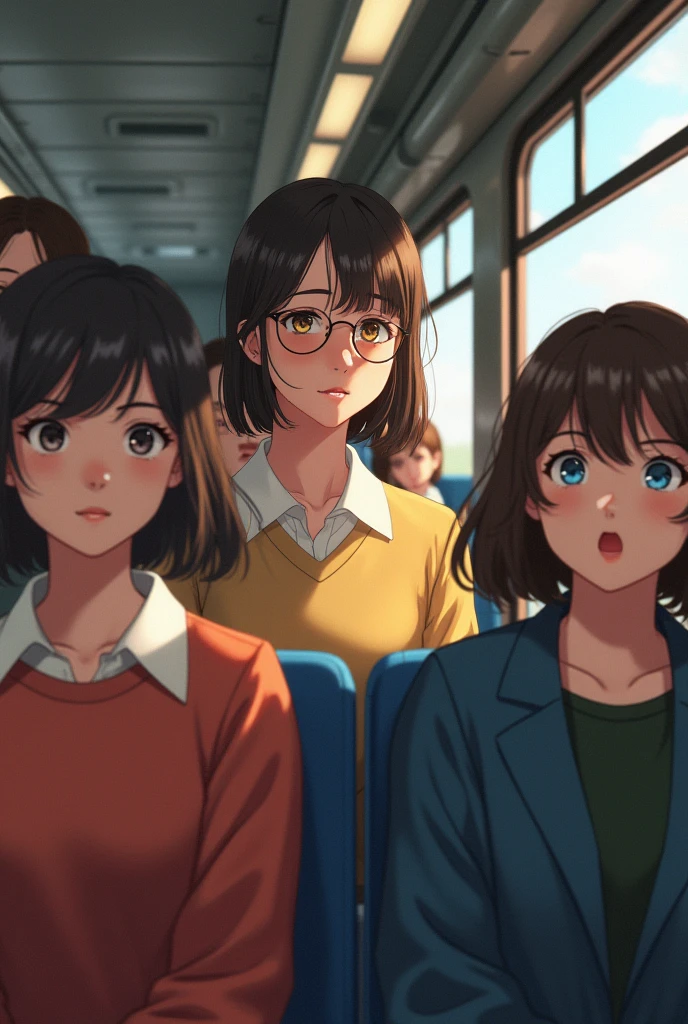 Generate an image of six girls travelling in a train in which one of them is very pretty and using spectacles. She have a light brown skin tone(fair but not too fair) and short hairs.