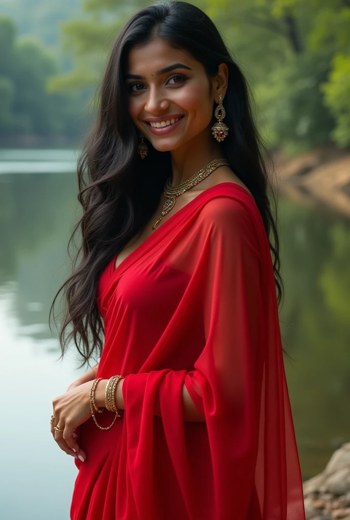  woman in a red sari standing by the river, Indian supermodel, stunning beauty, long flowing hair, sfw sensual curves, graceful posture, captivating smile, elegant jewelry, BLACK hair, the alluring and graceful, female model, exquisite body, radiant face, serene expression.