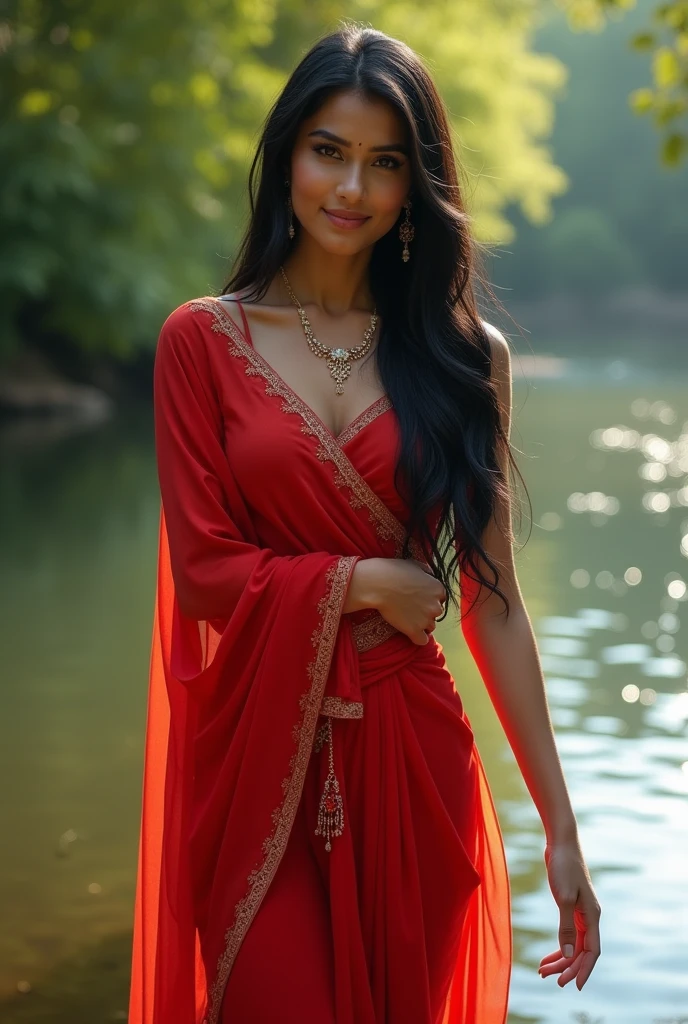 woman in a red sari standing by the river, Indian supermodel, stunning beauty, long flowing hair, sfw sensual curves, graceful posture, captivating smile, elegant jewelry, BLACK hair, the alluring and graceful, female model, exquisite body, radiant face, serene expression.