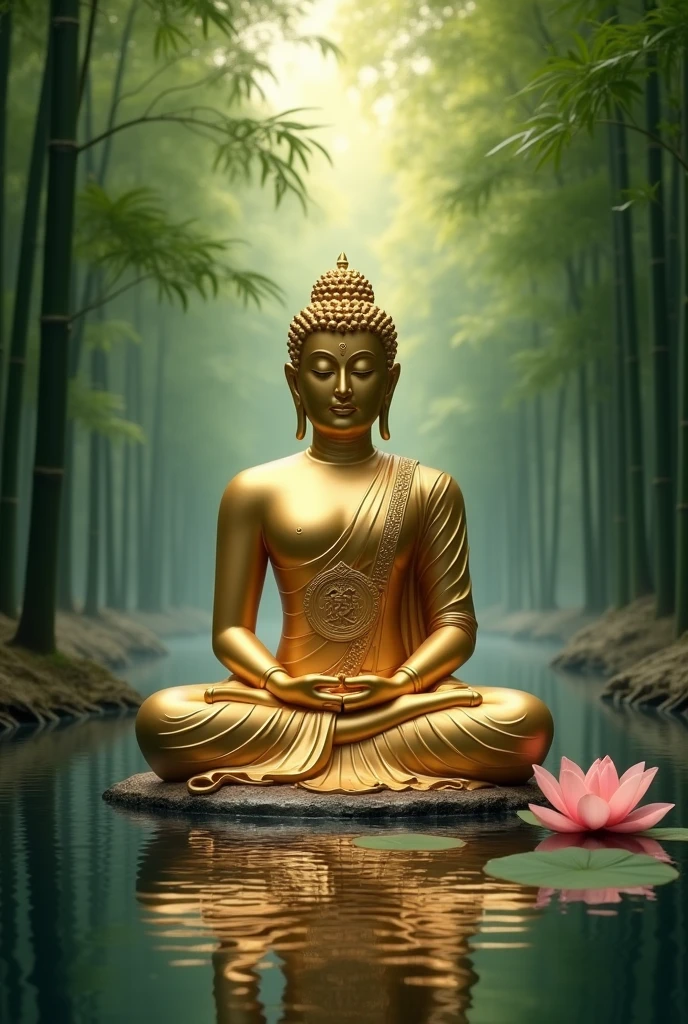 A golden Buddha in the middle of a lake with a lotus flower at his feet and lots of bamboo around with various spiritual symbols 