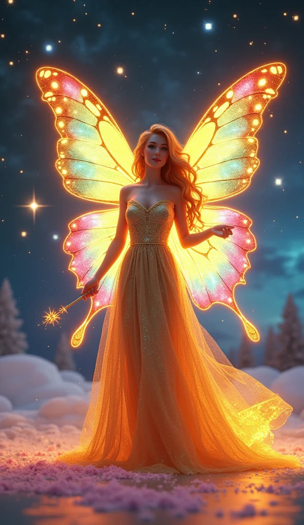3D animation with golden dress with beautiful rainbow butterfly wings, holding a magic wand as if casting a spell, holding shiny colorful powder, decorated with patterns with light energy emitting from her body. 3D image, the background is a night sky with sparkling stars.