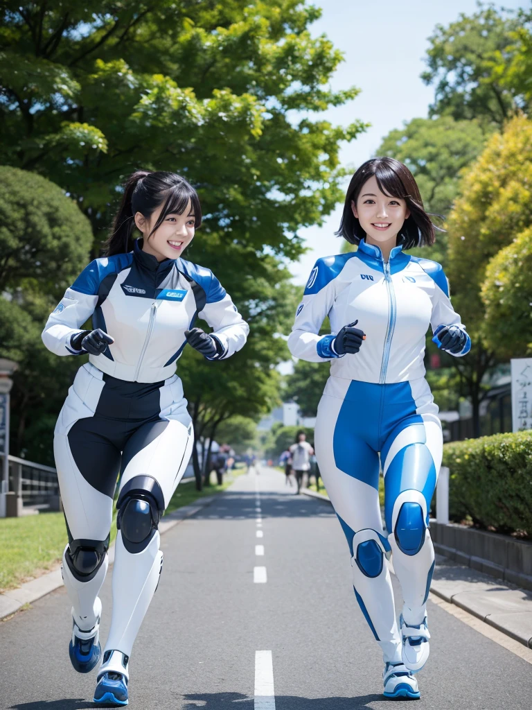 Japanese female android sisters,Black Hair,White and blue robot suit,Plump,Running side by side along the park path,smile,