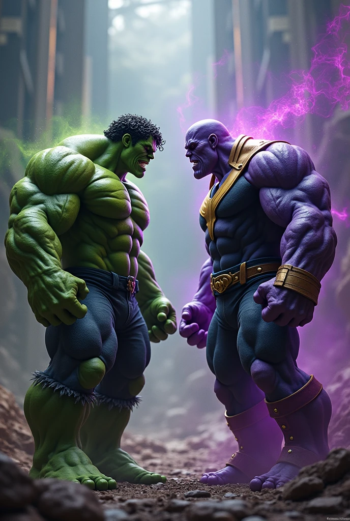 HULK AND THANOS DOING ATTACKS, staring at each other's faces with a demonic aura each and a very epic background