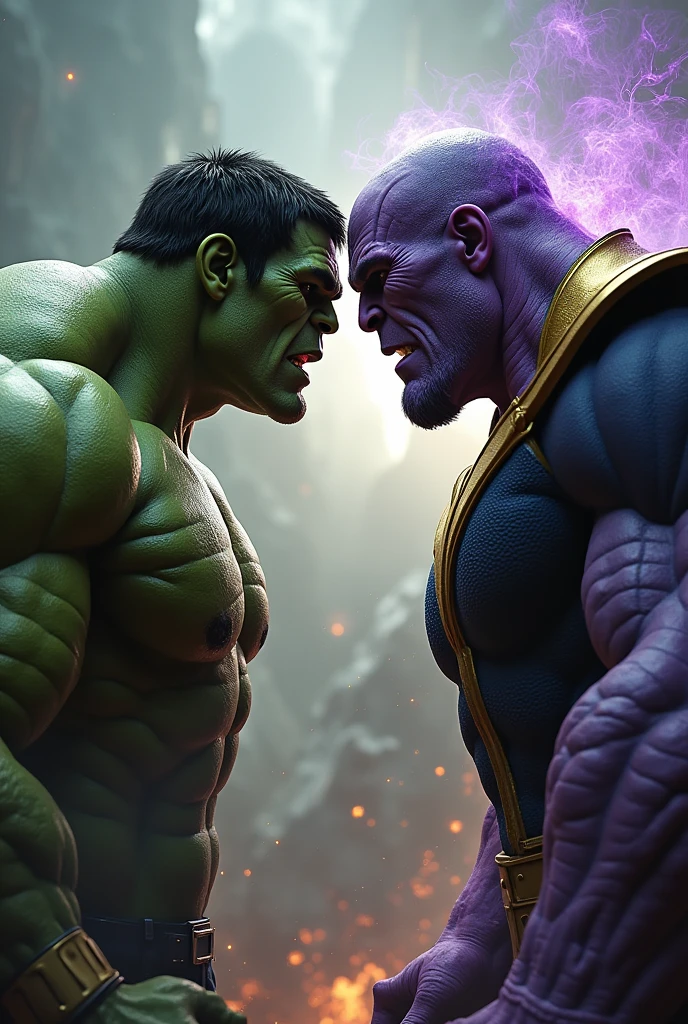 HULK AND THANOS DOING ATTACKS, staring at each other&#39;s faces with a demonic aura each and a very epic background