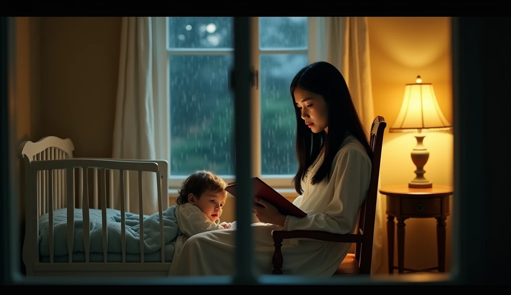 Cinematic. Realistic. Night. Raining. The camera is positioned just outside the house, taking a picture through the window, a warm scene of a woman with long straight black hair wearing vintage style white nightgown on the right, sitting on a wooden chair while reading a book for a  who is laying inside a white crib on the left, tucked under a light blue blanket. The crib is in front of the woman. To the right of the crib there is a small table  with a nightlamp on it. It casts a yellow warm dim lighting illuminating the bedroom. A curtain on the wall behind the nightlamp.  