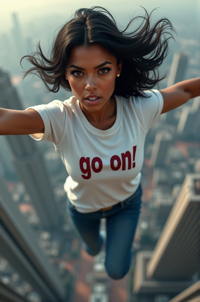 Female,brown skin, red eyes, black hair,white T-shirt with the words "go on!", jumping off a building, smirking