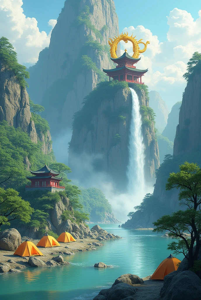 The Yellow River (he bo) with tents, una montaña con una cascada y uno de estos ⛩️ en la cima con un dragón dorado asomandose