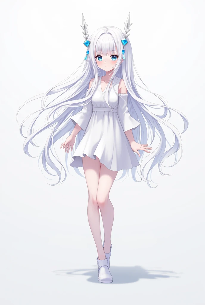 A Japanese anime style girl with long white hair,She has two head ornaments on her head that resemble upward arrows.,There is a blue round bead in the middle of each headdress.,Has blue eyes,Wearing a short white dress