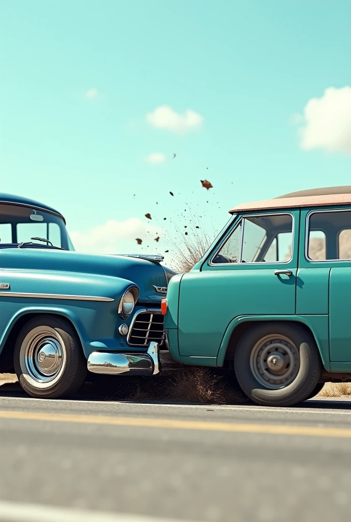 (photorealism:1.2),  A vintage blue car  collides with the rear of a teal SUV in a light, clear setting, 8K, High Quality