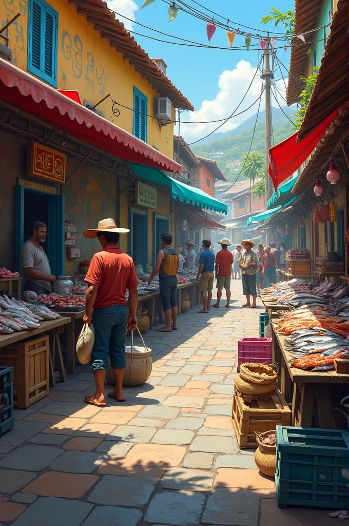 A local market with fishermen offering their fresh merchandise