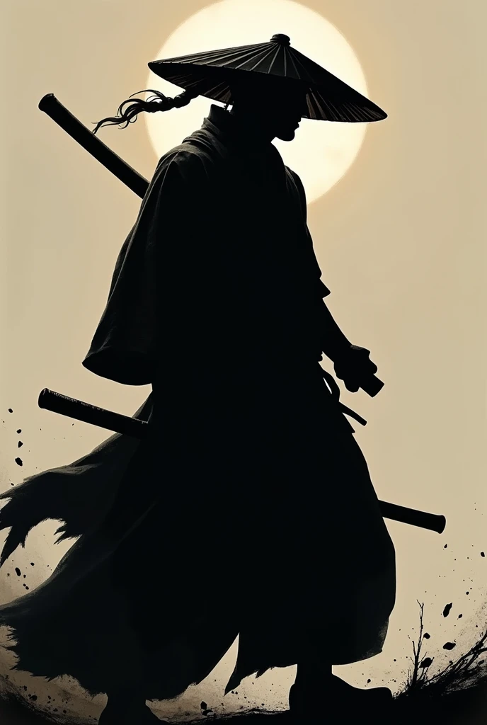 Japanese samurai wearing Japanese traditional clothes in a black silhouette, in a very cool pose holding the samurai