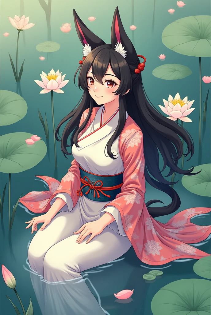 absurd, high resolution, Extremely detailed, (1 girl:1.3), Hand Painted, Simple lines, 1 girl wearing colorful Chinese Hanfu, Sexy fox ears girl, By the lotus pond, masterpiece, sitting in water, Floating clothes, Flowing long hair