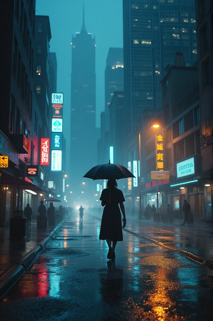 A rainy night in a city at night