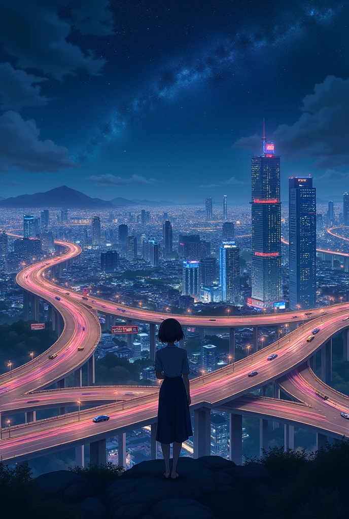 ((Highly detailed anime art)),Cloverleaf junction on expressway,Night view,Metropolis,Starry Sky,Overlooking,((masterpiece, Highest quality, Extremely detailed CG, unity 8k wallpaper )),(masterpiece, Highest quality, Highest quality, Official Art, beautiful),Very vivid,High-precision images,Ultra-high resolution,Great art,Poster Art,Impressive photos,Impressive art,beautiful顔,Perfect Face