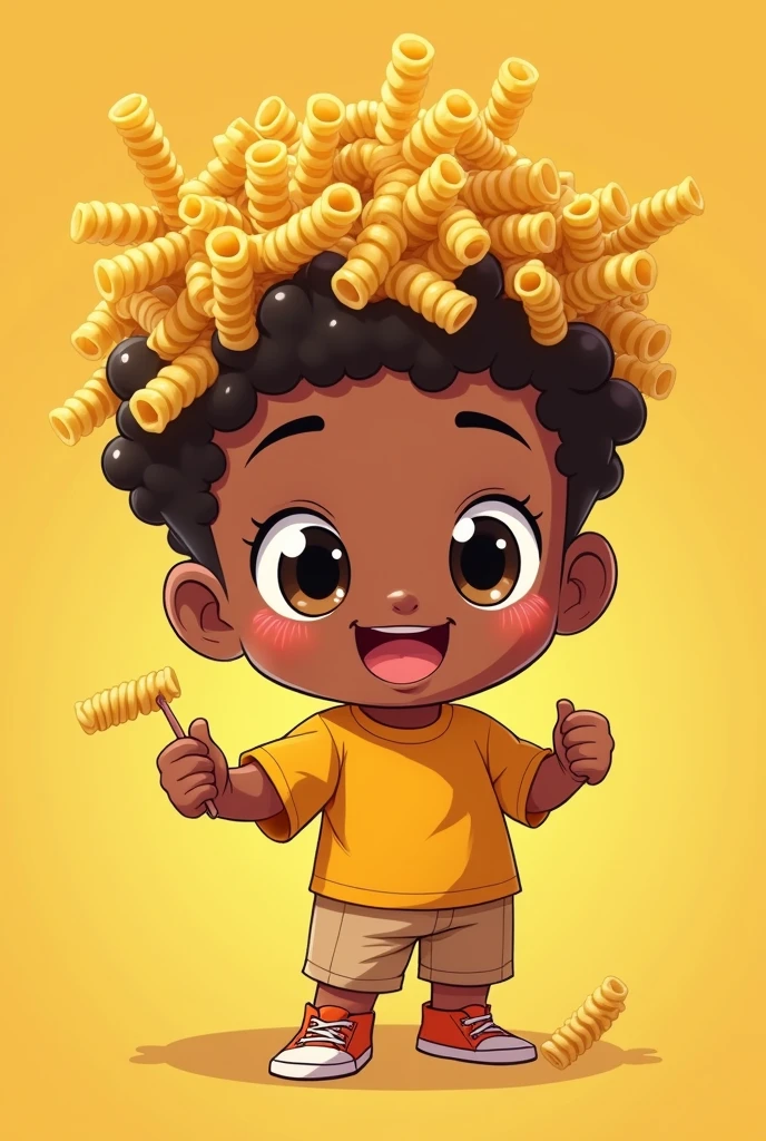 "Create a cute chibi anime character with large, expressive eyes and a joyful smile. The character should be a young Black boy with dark skin and hair styled in curls that resemble fusilli pasta. He should have a playful and whimsical appearance, with a vibrant and energetic pose. The character should wear a simple outfit that complements the fun theme of the channel, with a warm and inviting color palette focused on yellows and oranges to highlight the pasta inspiration. Include small, charming details like pasta-themed accessories to enhance the character's unique identity."