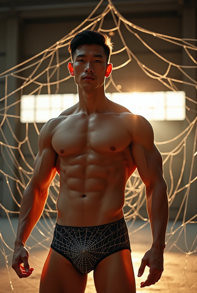 In the captivating picture is a handsome Chinese man 3 with his radiant, white skin like a prince, the background in a large and bold warehouse, his charm radiates as he proudly shows off his sixpack and muscular arms in a full standing pose. He is wearing sexy spider-print underwear, which emphasizes his body shape, He stands in the middle of a giant spider web of his own making, surrounded by a large spider web behind him, Bathed in the golden light of a beautiful day. With unmatched attention to detail., This photorealistic portrait combines Superhero style., Capture every detail of his textured skin in 8k resolution. Leica digital SLR camera. His features are clearly visible., From his deep-set eagle-like eyes to his chiseled jawline., Make this image a true masterpiece.. Lift. (8K UHD、RAW Photography、Leica Digital SLR Photorealistic Portrait、Realistic image), big bulge