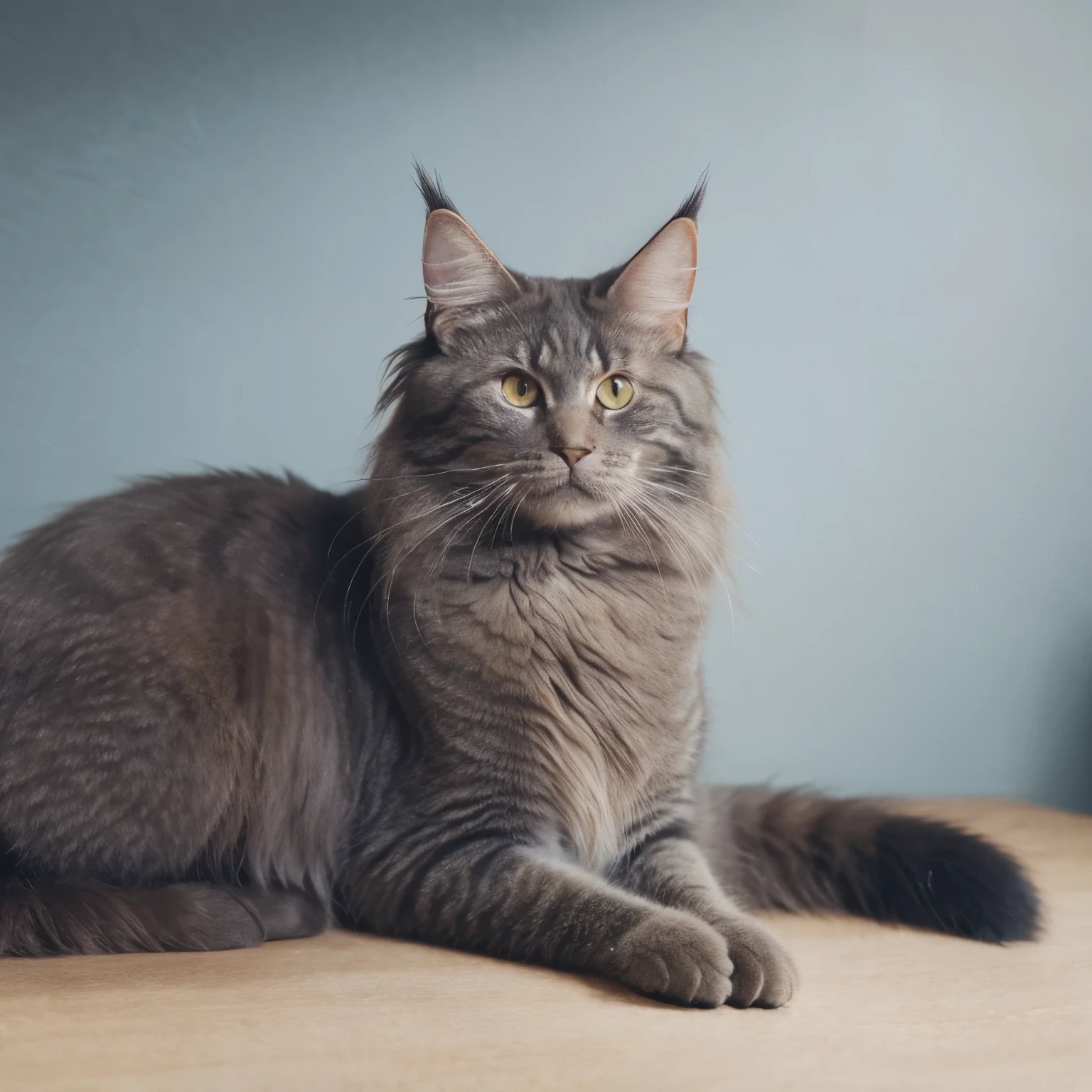 a beautiful maine coon female cat with long fur, blue-grey tortoiseshell color, cute expression, sitting in a cozy interior, natural lighting, detailed fur texture, photorealistic, 8k, best quality, masterpiece