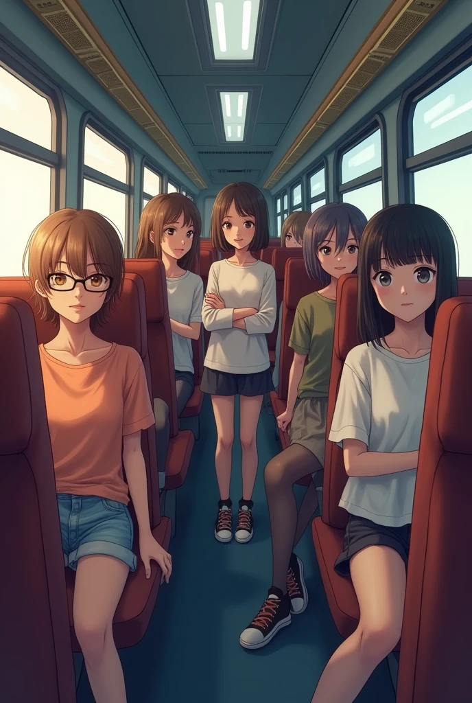 Generate an image of six girls travelling in a train in which only one of them is very pretty and using spectacles. She have a light brown skin tone(fair but not too fair) and short hairs. This is a view of a train compartment with six seats