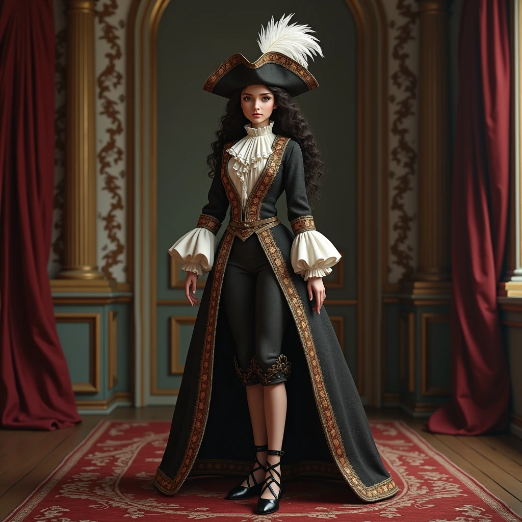 A 1.5 meters tall girl in her 20s wearing: wide knee-lenght breeches, yellow hoses, a wide cyan justacorps with wide sleeves and cuffs, a white jabot, buckled black shoes with wedges and a ribbon on top, a black curly wig and a tricorn with a white feather