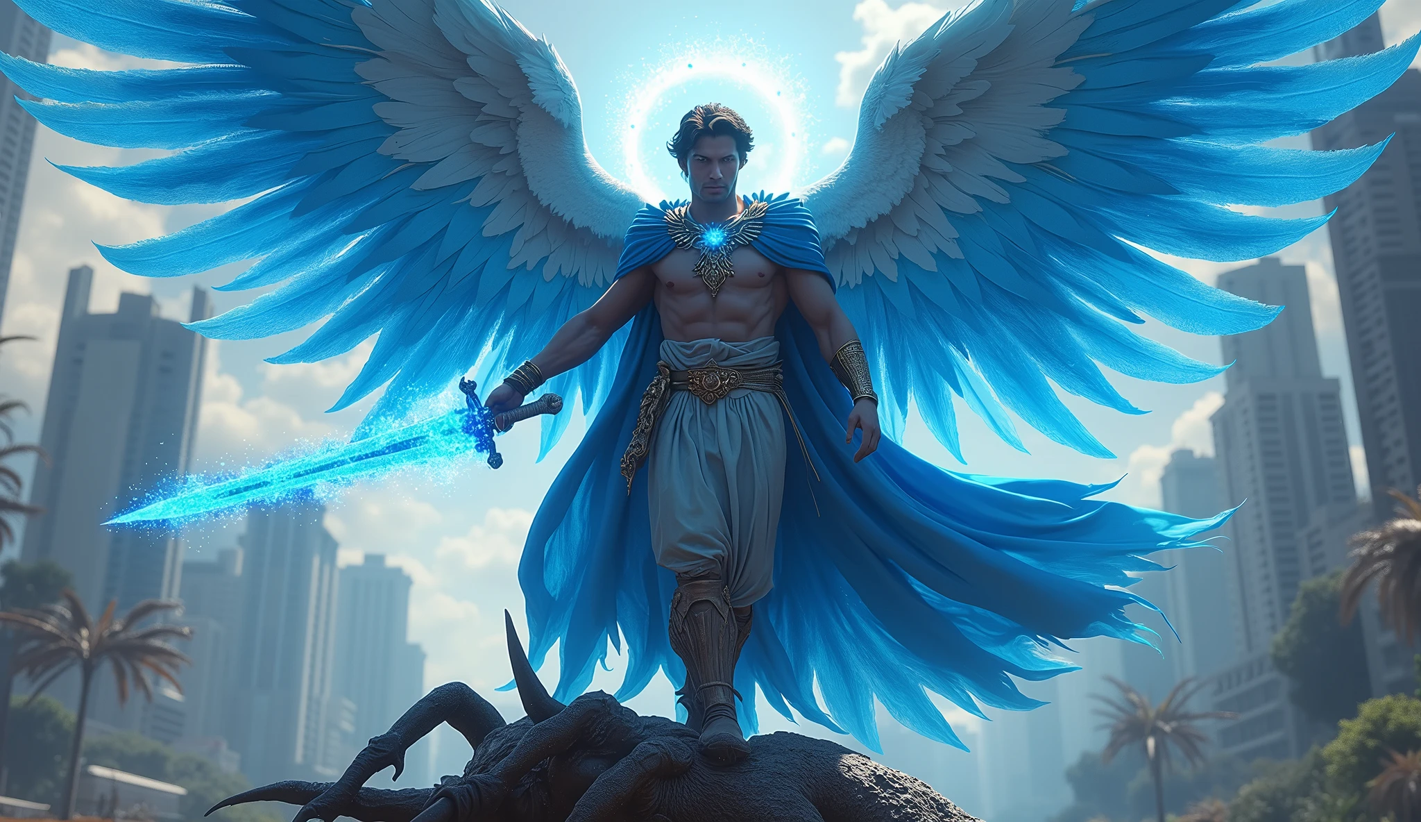 ultra realistic image of archangel michael blue cape, firm look, with his blue flame sword, stepping on the head of the demon who is lying prostrate on the ground, around his head a halo with blue light, convey depth, in the background image of traffic in the city of Rio de Janeiro