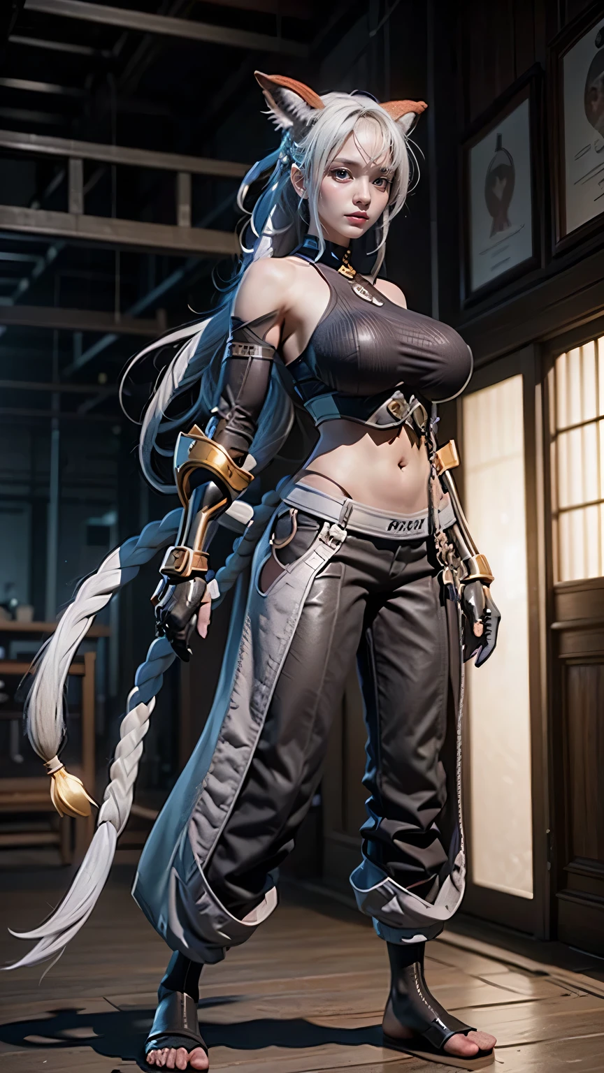 qi_aov_new, 1girl, solo, grey eyes, grey hair, bangs, long hair, hair ornament, breasts, large breasts, looking at viewer, blue eyes, white background, animal ears, bare shoulders, standing, white hair, , pants, black pants, armor, lips, gauntlets, jewelry, braid, toes, anklet, tail, ass, realistic, (masterpiece),((ultra-detailed)), (highly detailed CG illustration),(expressionless), (best quality:1.2)