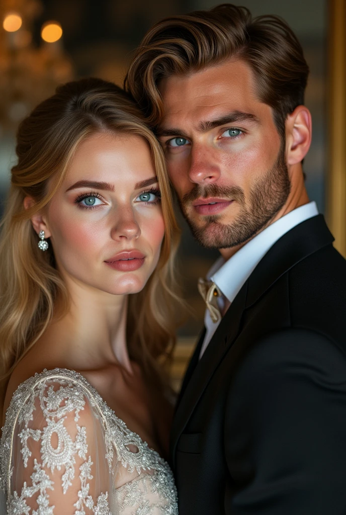 A portrait of a young princess standing by her husband’s side. She is hazel Brown eyes
Strawberry blonde hair
Pink lips
Oval face
Thick lashes
Classy style
Italian, Russian and English mix. Meanwhile, her husband is Bright blue eyes
Brunette
Pink lips
Thick lashes
Nice brows
Well-built
Classy style
Italian, Russian, Irish mix.