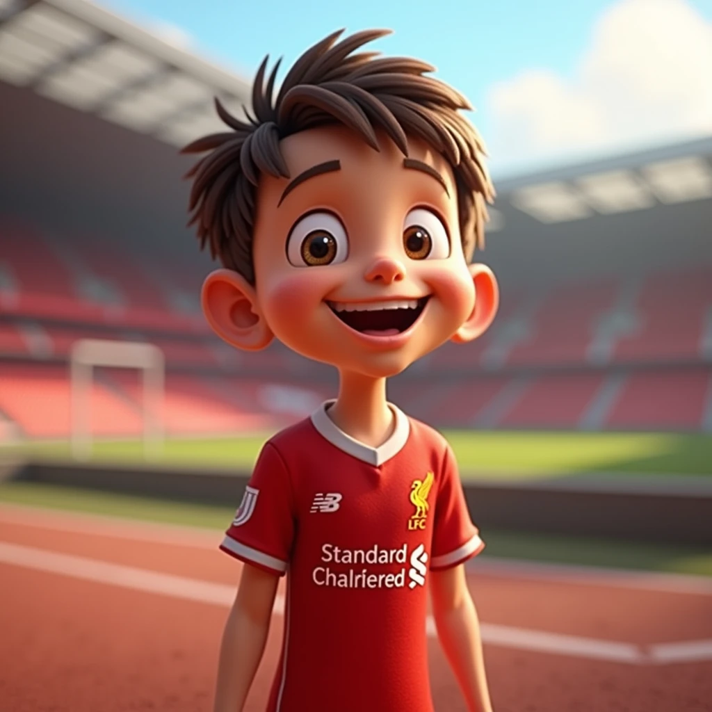 Cute ??? smiles in Disney style, bows like a Thai and wears a Liverpool shirt. Standing in cartoon style. High quality dynamic photo, detailed and colorful. Realistic and colorful poses. The background is Andfield Stadium.