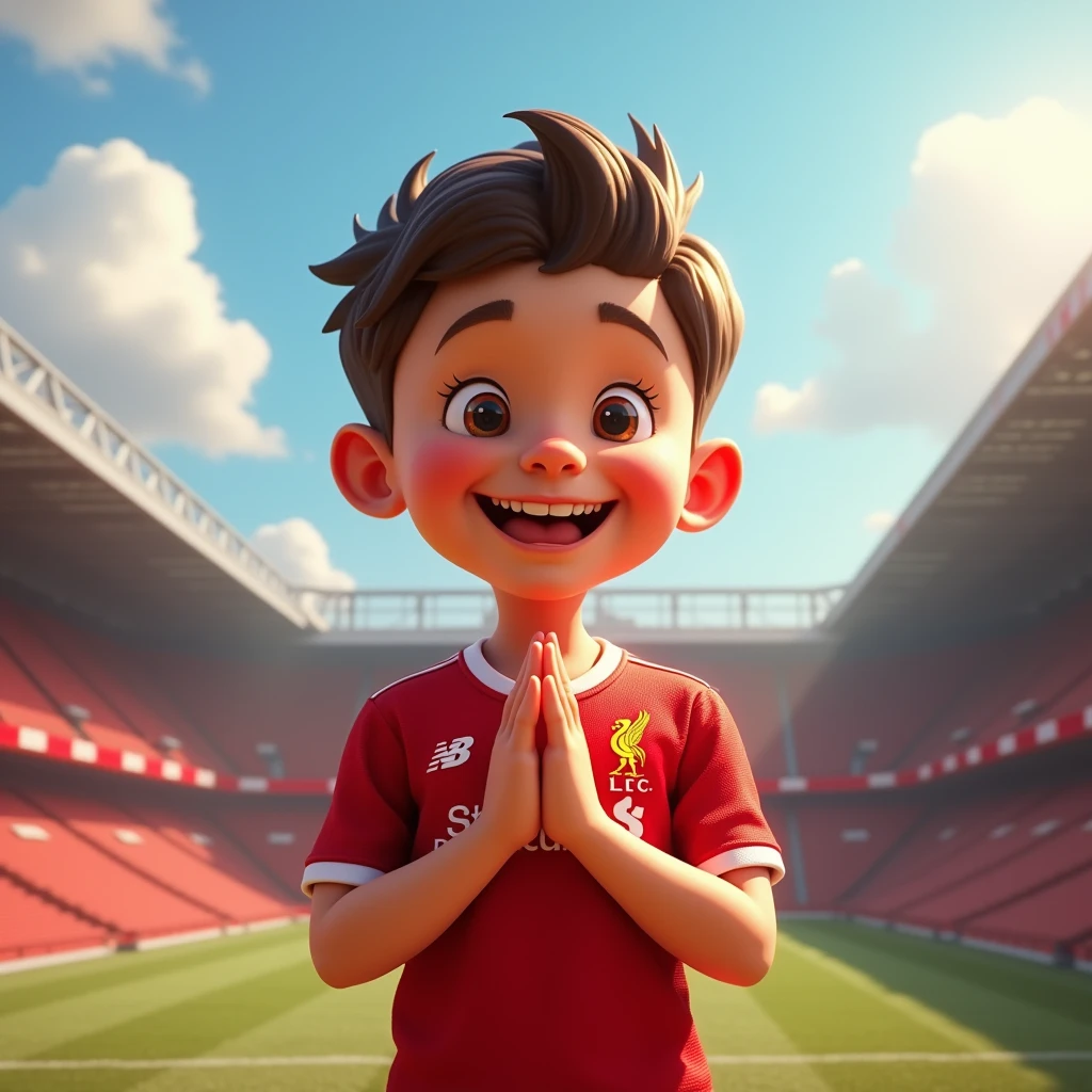 Cute kid smiles in Disney style, bows like a Thai and wears a Liverpool shirt. Standing in cartoon style. High quality dynamic photo, detailed and colorful. Realistic and colorful poses. The background is Andfield Stadium.