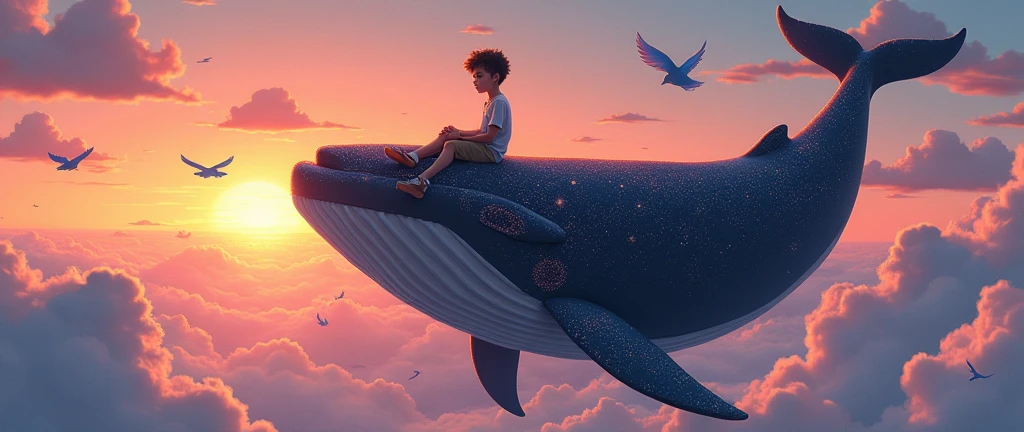 Young boy, sitting on a large black whale with galactic design(detalhado e precise) that is flying in the sky, several colorful and small birds flying around the whale, sunset, work of art, precise, distant third person view, aerial view, anatomically correcte, pixel art, 2.5D