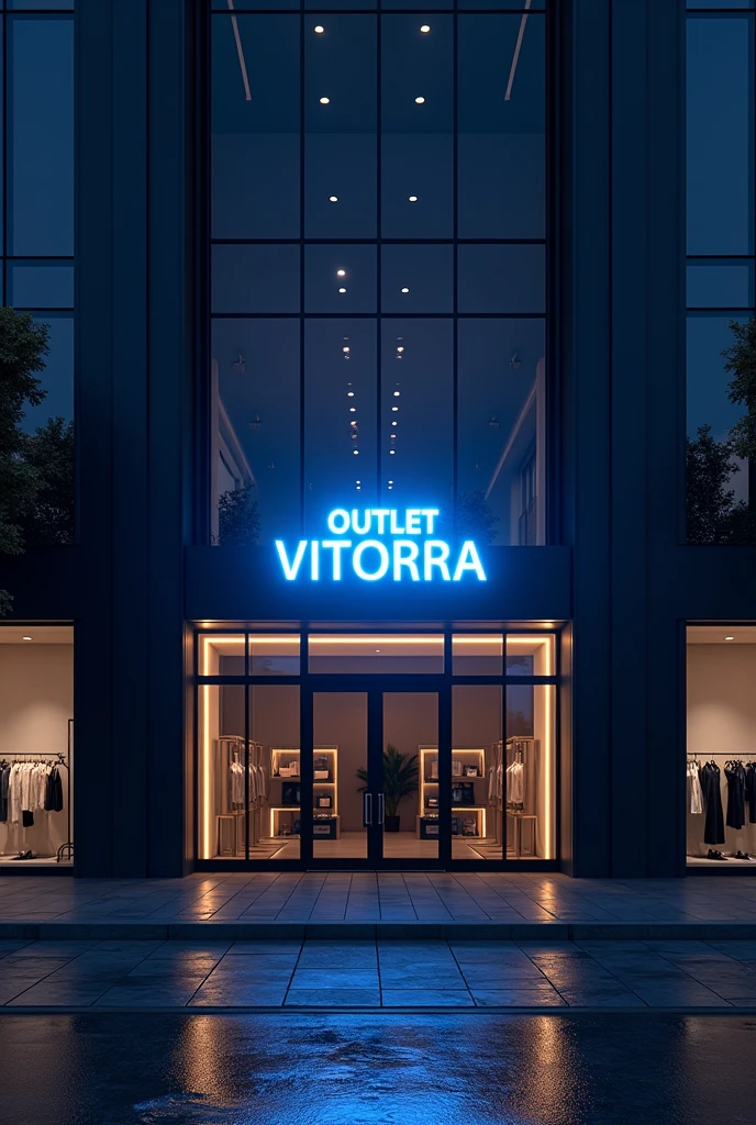 I want a high quality realistic Full 4k 3d image of my store and the written panel "Outlet Vitorra". It's night time and the name is in neon in front of the building with black glass windows., but it must be very beautiful and leave an air of confidence and credibility as if this place really existed. Set the sign color to blue. Make it less AI-like. More like the real world . And it also doesn't show the store open, just close the glass door and turn off the light. Do not show the store open, do not show the products, I want the store closed, turn off the lights, just highlight the milkman and also make a much taller building with the effect of you being on the ground seeing it super big