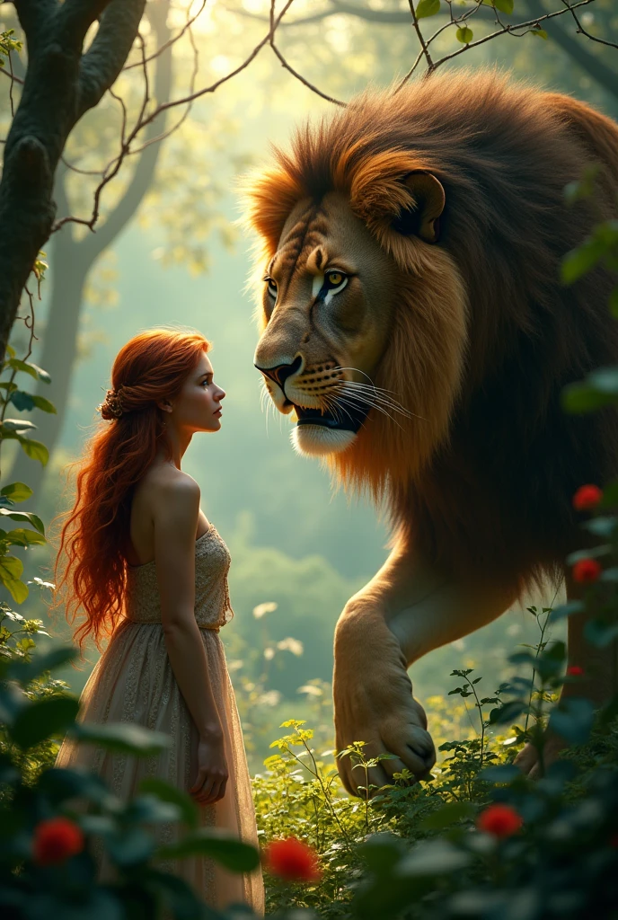 Beautiful russian girl in the jungle and a monstrous lion is approaching her