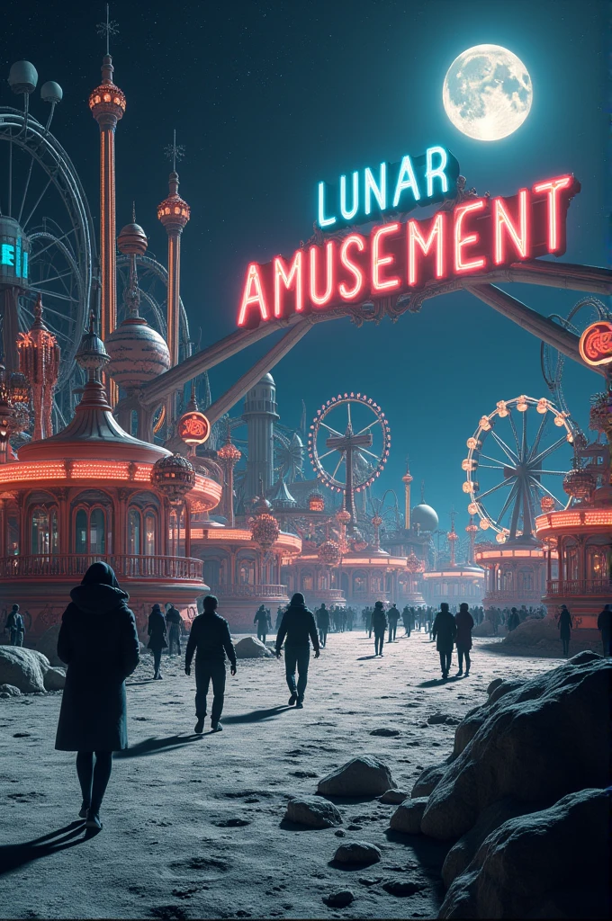 An image showing an amusement park on the moon with the words lunar amusements written in large letters