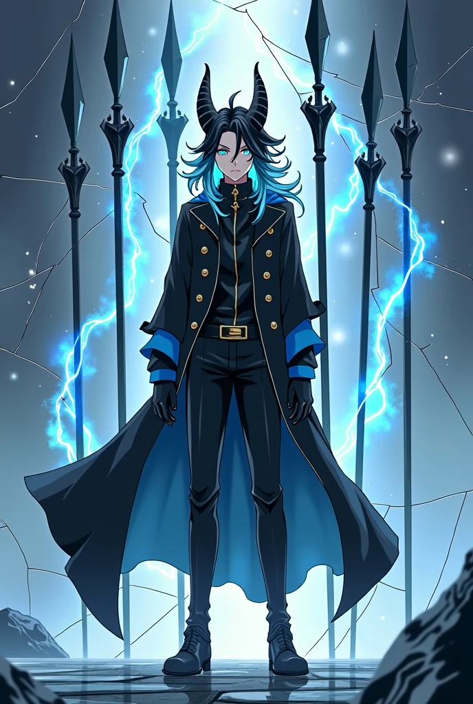 A young man, with long Dark Blue and white hair, a pair of Aquamarine Eyes, his body is slim but moderately fit, he has a pair os dragon Horns on his head while his ears are slightly pointy, with a silver and blue magic aura surrounding his entire body, wearing a long black coat and leather Boots, while his hands are covered with black gloves, behind him are five Ebony Spears floating in the air while the space around him is cracked like a mirror, anime art style, full body image.