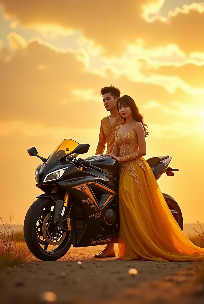 25 years boy and girl wearing golden dress with sitiing in kawasaki ninja h2r bike with golden sky