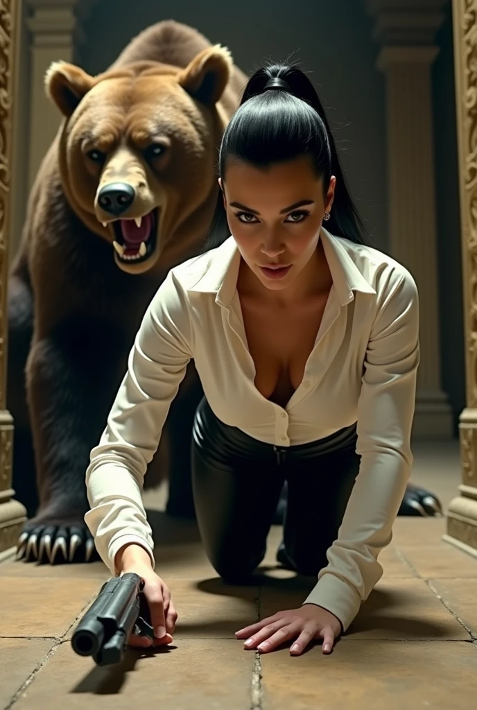 Kim Kardashian with long straight black hair in a ponytail in a white shirt with buttons with sleeves and not belly-free, generous cleavage,in very tight black leather pants , she crawls on the floor and desperately tries to grab a gun that is lying in front of her, behind her is an aggressive bear with an open mouth and sharp teeth jumping at her, in a temple