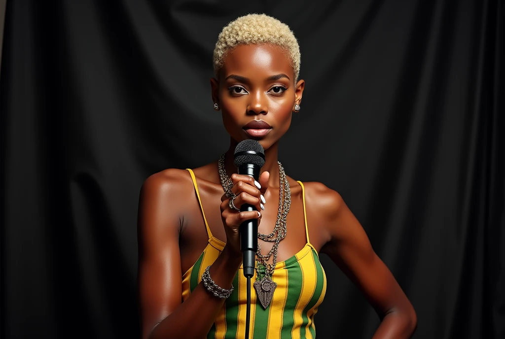thin black woman, Reggae singer with short blonde hair, with microphone facing the camera, clothes colors reggae color, black fabric simulating a studio in the background, even if you are in an external place