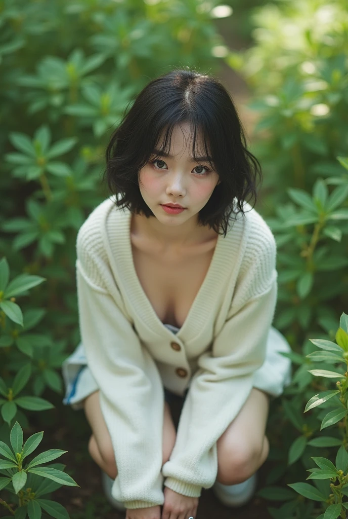 Professional photorealistic image, (Green spaces in Nikko parks), (Wearing a loose white pullover with no bra) A cute 20-year-old Japanese woman with fluffy short hair, she is squatting, Leaning forward, And with her hands resting on her lap. The collar of her pullover hangs down from her chest, A glimpse of her chest and nipples peeking through the gap, She looked at me and smiled shyly, blushing. Composition from directly above, Browsing Caution,