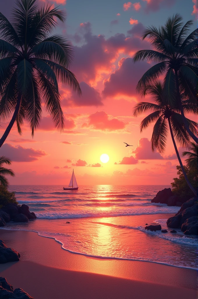 A breathtaking sunset over a tropical beach. The sky is filled with vibrant hues of orange, pink, and purple as the sun dips below the horizon. The beach is lined with palm trees gently swaying in the breeze. In the foreground, gentle waves lap against the shore, reflecting the colors of the sky. A few seagulls fly across the scene, and a small sailboat is visible on the water near the horizon. The overall mood is serene and tranquil, capturing the beauty of nature at its most peaceful.