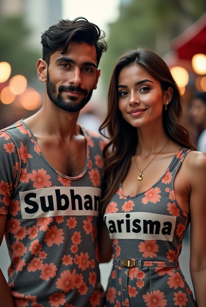 A men wear subham name print dress and a girl wear Karisma name print dress