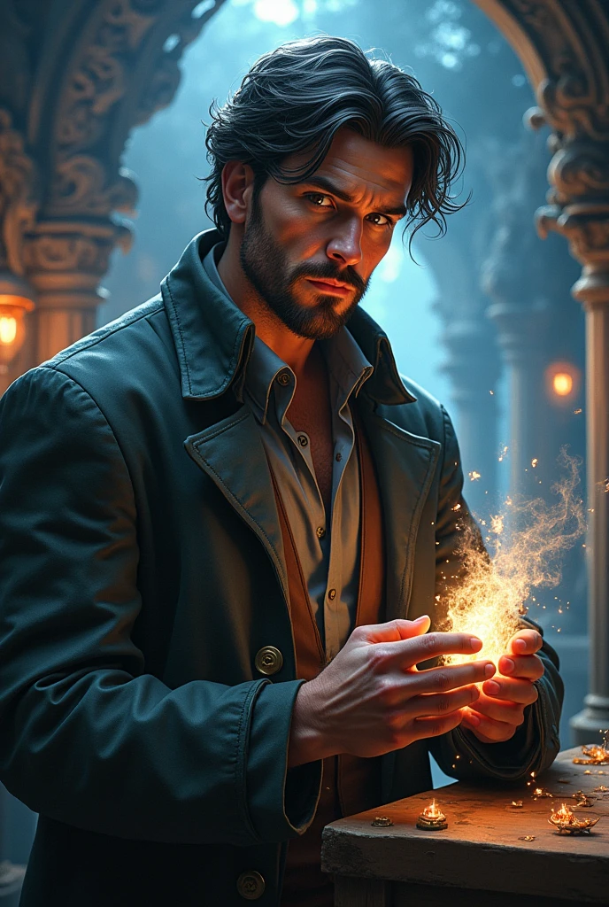 middle 30s years old man with dark hair, with gray eyes, with goatee, fantasy scientist, high fantasy, by Greg Rutkowski, by Peter Jackson