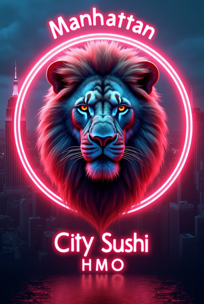 Realistic lion logo inside a neon circle With Manhattan caption above and city sushi hmo below