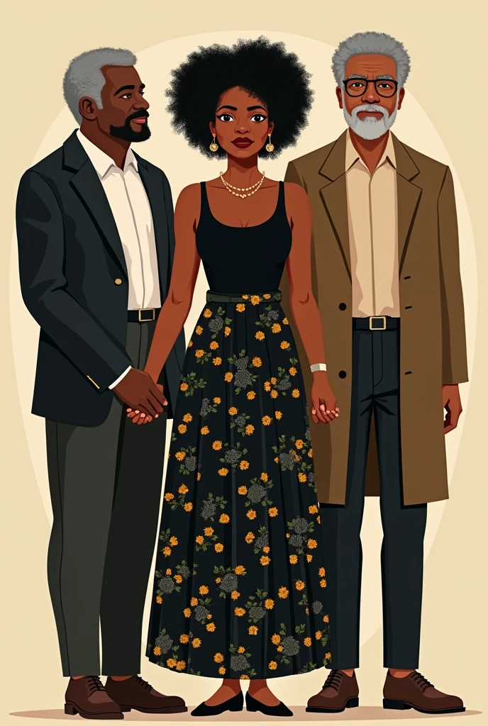 A union between a black woman, Ao centro, with curly hair, medium dark skin, 1,60m high, ear rings, wearing a long black skirt patterned with small yellow flowers, and a black top, hand in hand with the American writer bell hooks on the right and the patron of Brazilian education Paulo Freire on the left