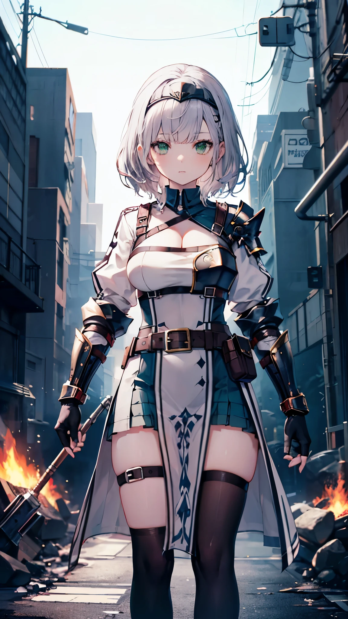 (Tabletop), (Perfect athletic body:1.2), Anime Style, whole body, Cyberpunk Girl,  Wearing a Cyber Costume, Black and Purple Flaming Fist, Burnt mechanical limbs, Standing in the Wilderness, Flame burning in the chest, White Background, whole body, aanoel, medium hair, green eyes, hairband, blue collar, shoulder armor, cleavage, mole on breast, armored dress, Chest belt, gold trim, fingerless gloves, black gloves, brown belt, pouch, pelvic curtain, black thighhighs