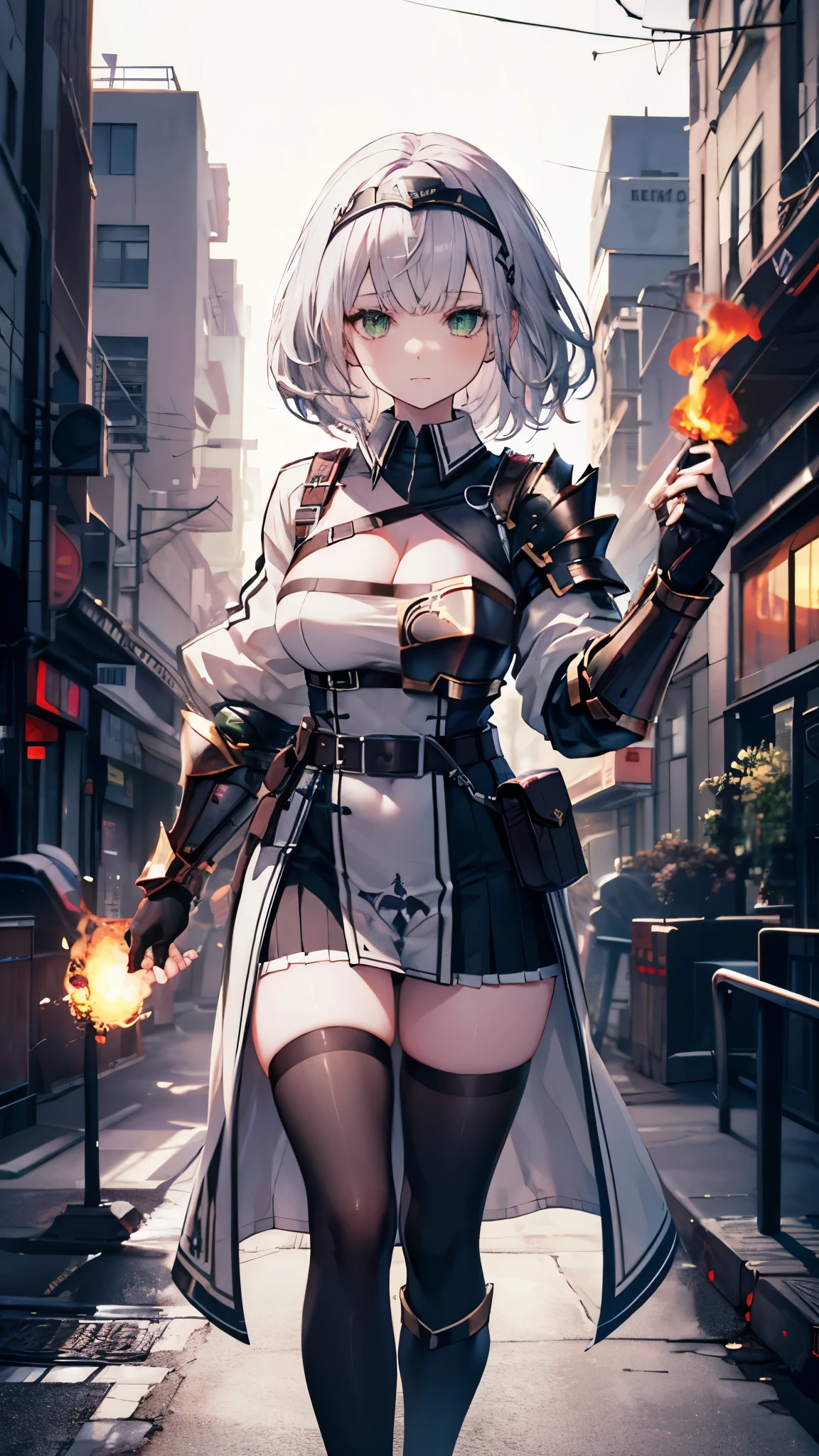 (Tabletop), (Perfect athletic body:1.2), Anime Style, whole body, Cyberpunk Girl,  Wearing a Cyber Costume, Black and Purple Flaming Fist, Burnt mechanical limbs, Standing in the Wilderness, Flame burning in the chest, White Background, whole body, aanoel, medium hair, green eyes, hairband, blue collar, shoulder armor, cleavage, mole on breast, armored dress, Chest belt, gold trim, fingerless gloves, black gloves, brown belt, pouch, pelvic curtain, black thighhighs